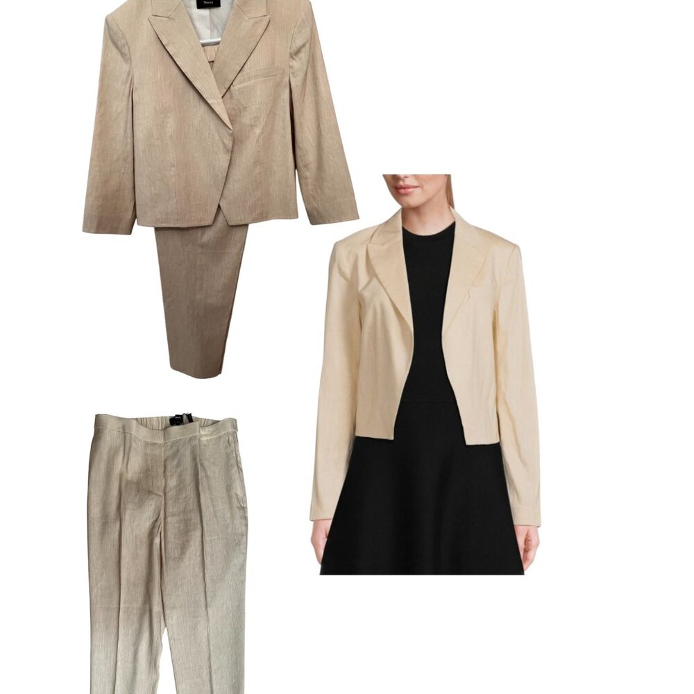 NWT THEORY elegant linen blend suit. Crop Pant & Blazer. Tan/Oatmeal Size 8